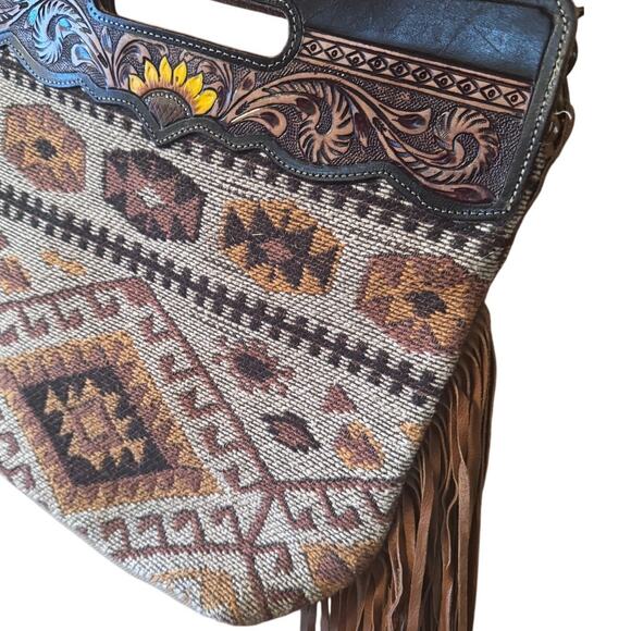 Myra Bag Tooled Leather Long Fringe Purse Western Aztec Saddle Blanket Large - Picture 1 of 4